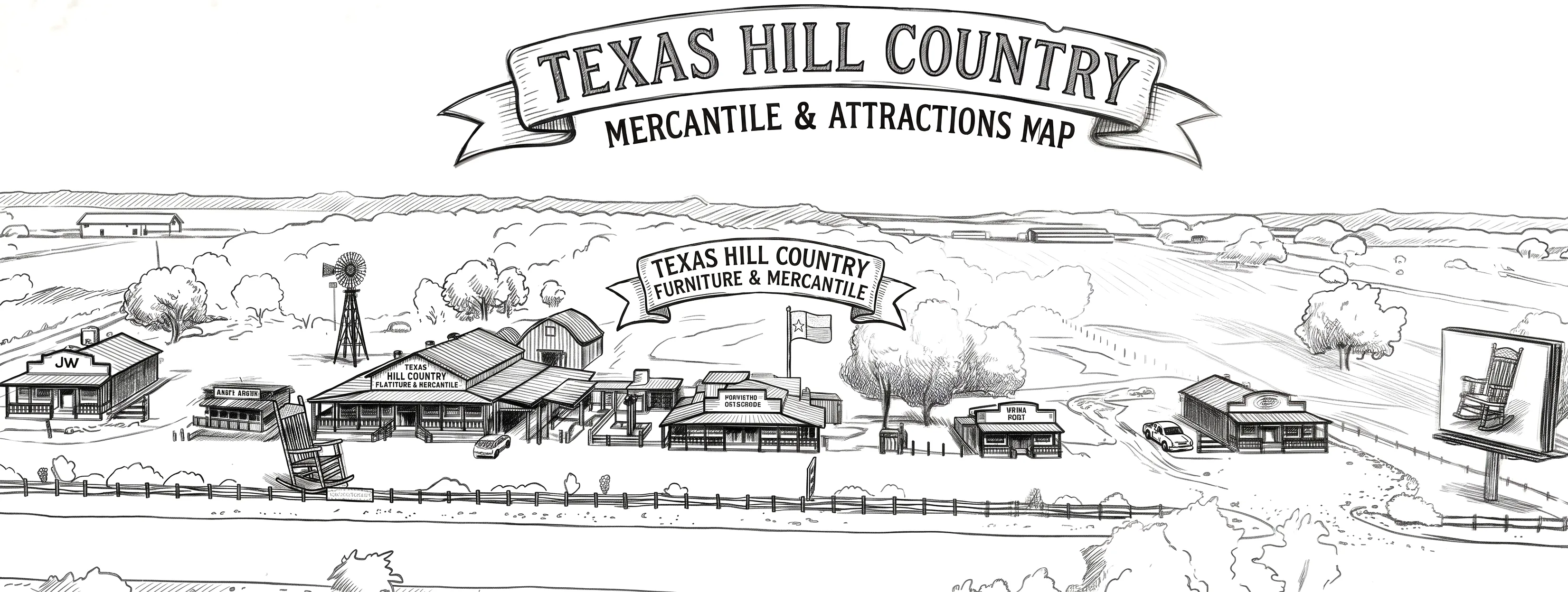 An illustrated bird's-eye map of the Natty Flat property along Highway 281: JW Brooks Custom Hat Co. and the circus wagon at the left, the Texas Hill Country Furniture & Mercantile showroom with the World's Largest Cedar Rocking Chair out front, a windmill and red barn behind, Natty Flat Smokehouse, Whoa Pony, Bent Bucket Bakery, and the highway billboard at the far right, with a split-rail fence running the width of the drawing.